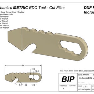 May include: A detailed line drawing of a multi-tool with various wrench sizes, a bottle opener, and a flat blade screwdriver. The tool is labeled "Mechanics EDC Metric v10" and is made from 3mm-6mm steel, stainless or aluminum. The drawing includes measurements in inches.