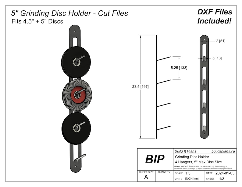 May include: A black metal grinding disc holder with four hangers for storing 5-inch grinding discs. The holder is 23.5 inches tall and has a 5-inch wide base. The text "Build It Plans" and "Grinding Disc Holder" is printed on the bottom of the holder.