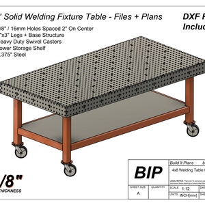 May include: A 122cm x 244cm solid welding fixture table with a perforated top, lower storage shelf, and heavy-duty swivel casters. The table has 7.6cm x 7.6cm legs and is made of 9.5mm steel. The design includes DXF files. The text "3/8" Steel Thickness" is visible.