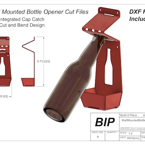 May include: A red metal wall-mounted bottle opener with a built-in cap catcher. The design includes a bottle holder and a bottle opener. The plans for this project are available for download. The text "Wall Mounted Bottle Opener v8" is included in the image.  DXF files are included.