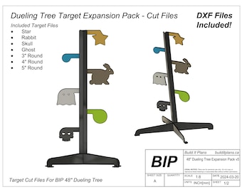 May include: A black metal silhouette target stand with a variety of targets, including a star, rabbit, skull, ghost, and round targets. The stand is 48 inches tall and is designed for use with a dueling tree. The image includes the text "Dueling Tree Target Expansion Pack - Cut Files" and "DXF Files Included!"