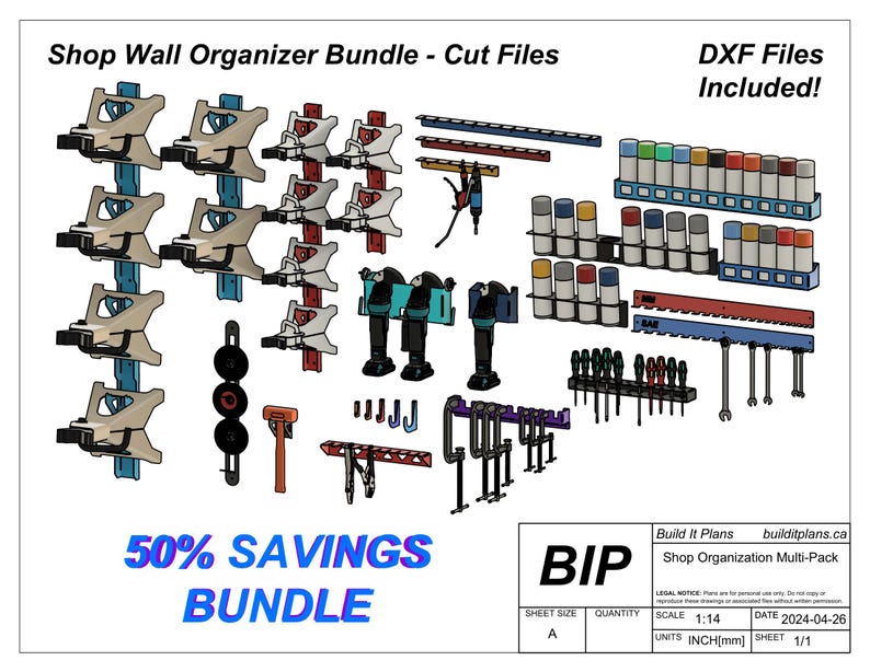 May include: A digital blueprint for a shop wall organizer bundle. The design includes multiple storage solutions for tools, paint cans, and other items. The blueprint is labeled "Shop Wall Organizer Bundle - Cut Files" and "DXF Files Included!" with a 50% savings bundle offer.