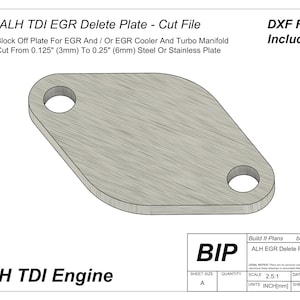 Op de afbeelding: Een zwart-witte lijntekening van een metalen plaat met twee gaten. De plaat is gelabeld "ALH EGR Delete Plate v3" en is voor een VW ALH TDI-motor. De tekening bevat de tekst "Build It Plans" en "builditplans.ca".