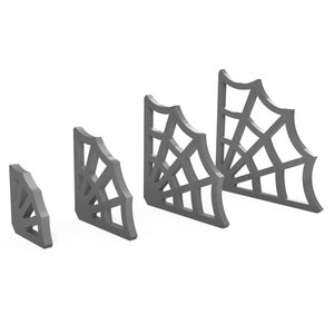 May include: Four gray plastic corner shelves shaped like a spider web. The shelves are different sizes, with the largest shelf on the right and the smallest shelf on the left.