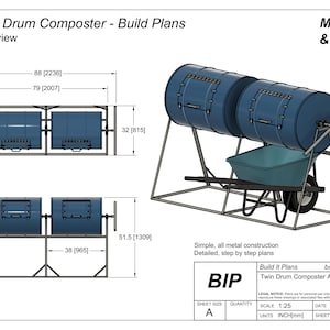 Puede incluir: Planos detallados para la construcción de un compostador de doble tambor. El diseño presenta dos tambores azules, una carretilla y un marco de metal. Las dimensiones se proporcionan en pulgadas y milímetros. El texto dice "Twin Drum Composter - Build Plans".