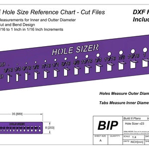 May include: Purple plastic template with cutouts for different sized holes. The template is labeled "HOLE SIZER" and includes measurements in inches. The text "Holes Measure Outer Diameter" and "Tabs Measure Inner Diameter" are also included. The template is labeled "Build It Plans Hole Sizer v23".