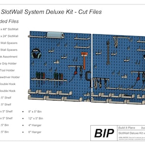 May include: A diagram showing the layout of a blue pegboard wall system with various tools and accessories. The system includes shelves, bins, hooks, and holders for organising tools and equipment. The image includes text that reads "BIP SlotWall System Deluxe Kit - Cut Files" and "Build It Plans builditplans.ca SlotWall Deluxe Kit v7".