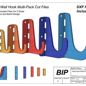 May include: A digital design plan for a multi-pack of wall hooks. The design includes five different sizes of hooks, each with a unique color. The design is labeled "DIY Wall Hook Multi-Pack Cut Files" and "DXF Files Included!" The design also includes the text "Build It Plans" and "Wall Hook Multi Pack v9".