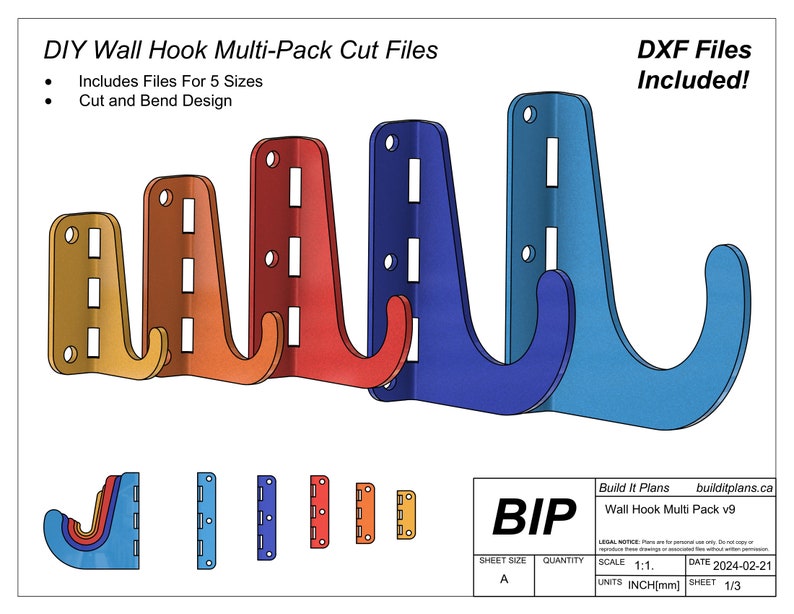 May include: A digital design plan for a multi-pack of wall hooks. The design includes five different sizes of hooks, each with a unique color. The design is labeled "DIY Wall Hook Multi-Pack Cut Files" and "DXF Files Included!" The design also includes the text "Build It Plans" and "Wall Hook Multi Pack v9".