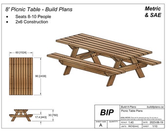 8 Foot Picnic Table PDF Plans: DIY 2x6 Construction (Digital Download)