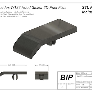 Puede incluir: Un cierre de capó negro impreso en 3D para modelos Mercedes W123. La pieza mide 3,7 cm de largo y 1,6 cm de ancho. El diseño incluye una función de encaje. Se incluyen archivos STL.