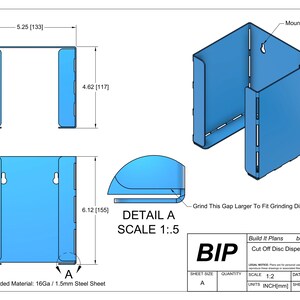 Pode incluir: Esquema azul de um dispensador de discos de corte com dimens&otilde;es em polegadas e mil&iacute;metros. O design inclui orif&iacute;cios de montagem e uma vista detalhada. O material recomendado &eacute; chapa de a&ccedil;o de 16Ga / 1,5 mm. O texto diz "Grind This Gap Larger To Fit Grinding Discs Etc."