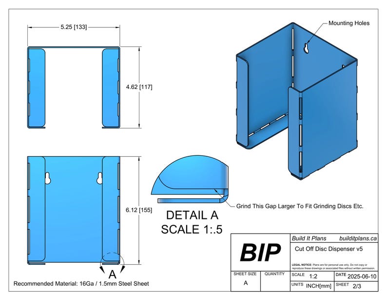 Pode incluir: Esquema azul de um dispensador de discos de corte com dimens&otilde;es em polegadas e mil&iacute;metros. O design inclui orif&iacute;cios de montagem e uma vista detalhada. O material recomendado &eacute; chapa de a&ccedil;o de 16Ga / 1,5 mm. O texto diz "Grind This Gap Larger To Fit Grinding Discs Etc."