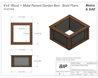 4'x4' Wood and Metal Raised Garden Bed PDF Plans - 48'x48"