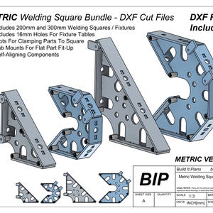 Puede incluir: Un diagrama de un paquete de escuadras de soldadura métricas, que incluye escuadras de soldadura de 200 mm y 300 mm. El diseño presenta orificios de 16 mm, ranuras para sujeción, soportes de lengüeta y componentes autoalineables. Se incluyen los archivos DXF.