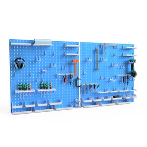 May include: A blue pegboard wall organiser with various tools and accessories, including a drill, a wrench, a hammer, and a pair of headphones. The pegboard has white shelves and white bins for storage.