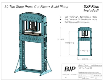 30 ton winkelpersplannen en DXF-gesneden bestanden voor doe-het-zelf staande kantbankgereedschap Plasmabestanden en PDF-plannen voor 30T fleskrikpersframe