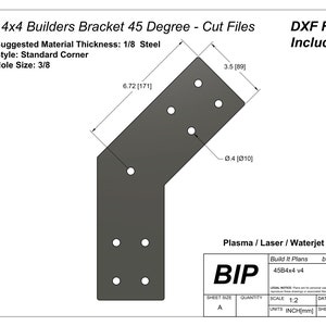 May include: A black metal bracket with a 45-degree angle, designed for building projects. The bracket has a 1/8 inch thickness and 3/8 inch holes. The drawing includes dimensions in inches and millimetres. The text "45B4x4 v4" and "Build It Plans" is visible.