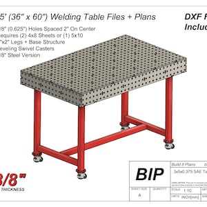 Puede incluir: Plano de mesa de soldadura de 0,9 m x 1,5 m con tapa perforada y patas rojas. La mesa tiene ruedas giratorias niveladoras y está hecha de acero de 9,5 mm. El plano incluye archivos DXF.