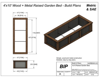 4'x10' Wood and Metal Raised Garden Bed PDF Plans 48"x120"