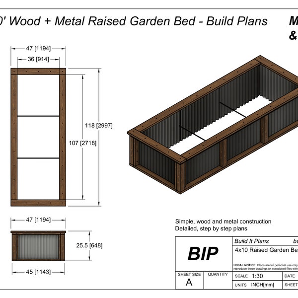 4'x10' Wood and Metal Raised Garden Bed Plans For 4x10 Raised Garden Box PDF Plans For 48x120 Raised Rectangular Planter