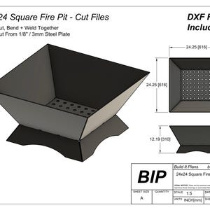 May include: A 61 x 61 cm square fire pit cut file design. The image shows a 3D model of the fire pit with dimensions, including a top view and side view. The design is cut from 3mm steel plate and includes DXF files.