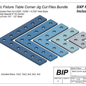 Puede incluir: Un plano digital para un paquete de archivos de corte de plantilla de esquina de mesa. El plano muestra cinco tamaños diferentes de plantillas de esquina, cada una con un tono de azul diferente. El plano incluye el texto "Basic Corner Jig Bundle v8" y "Build It Plans".