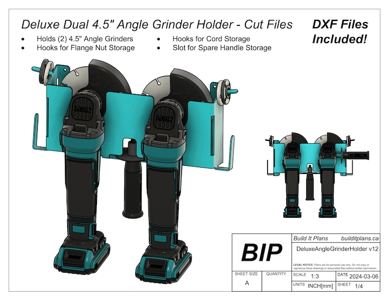 May include: A teal blue metal wall mount for two 4.5 inch angle grinders. The mount has hooks for storing cords and a slot for storing a spare handle. The text "DeluxeAngleGrinderHolder v12" is printed on the bottom right corner of the image.