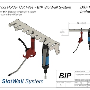 Puede incluir: Un modelo 3D de un soporte de herramientas neumáticas de metal con archivos de corte para un sistema BIP SlotWall. El soporte está diseñado para sostener dos herramientas neumáticas y tiene un diseño de corte y doblado. La imagen incluye el texto "SlotWall System" y "BIP SlotWallAirTool v4".