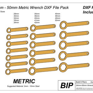 Könnte beinhalten: Ein digitales Datei-Paket mit metrischen Schraubenschlüsseln von 24 mm bis 50 mm. Das Bild zeigt einen Satz goldfarbener Schraubenschlüssel mit sechseckigen Öffnungen, angeordnet in Reihen. Der Text enthält Größenangaben und "DXF-Dateien enthalten!"