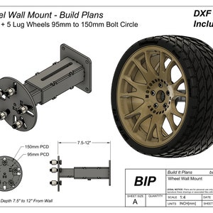 Puede incluir: Un soporte de pared para rueda de metal negro con profundidad ajustable de 7,5 a 12 pulgadas. El soporte está diseñado para adaptarse a ruedas de 4 o 5 radios con un diámetro de círculo de pernos de 95 mm o 150 mm. La imagen incluye un diagrama del soporte y un primer plano de una rueda.