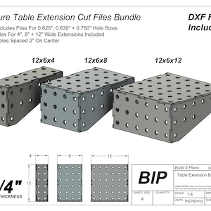 Puede incluir: Un conjunto de tres archivos de corte de extensión de mesa de metal gris para una mesa de fijación de acero de 1/4 de pulgada de grosor. Los archivos incluyen los tamaños 12x6x4, 12x6x8 y 12x6x12. Los archivos DXF están incluidos. Build It Plans Table Extension Bundle v9.