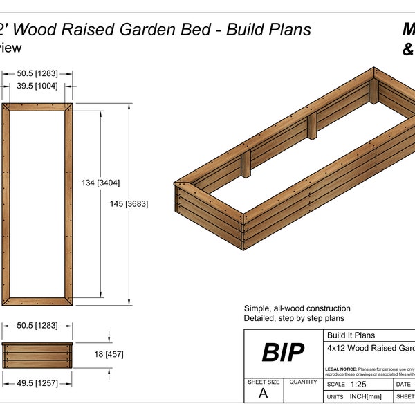 4'x12' Wood Raised Garden Bed Plans For DIY Garden Box Raised Wood Planters 4x12 PDF Plans 48 x 144 Inch Rectangle