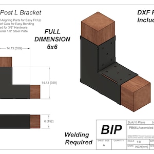 以下が含まれることがあります： 1/8インチの鋼板で作られた6x6ポストLブラケット。ブラケットは、簡単に取り付け、曲げることができるように設計されています。3/8インチの金具に対応しています。ブラケットは、6x6ポストが取り付けられた状態で示されています。画像には、「DXFファイル付属！」と「溶接が必要」というテキストが含まれています。
