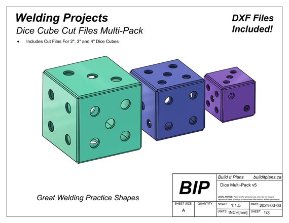 Dice Cube Welding Project DXF Files: 2, 3 + 4 Inch Dice