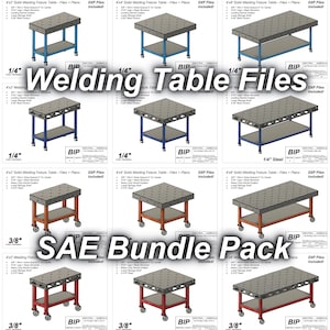 Könnte beinhalten: Schweißtische mit Gittermuster, Stahlrahmen und unteren Ablagen in Blau, Orange und Rot. Der Text "Welding Table Files" und "SAE Bundle Pack" ist im Bild enthalten.