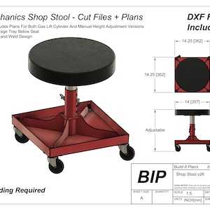 May include: Red metal shop stool with a black padded seat and four wheels. The stool is adjustable in height and has a storage tray below the seat. The plans include both gas lift cylinder and manual height adjustment versions. Welding is required.  DXF files are included.  Build It Plans Shop Stool v26.