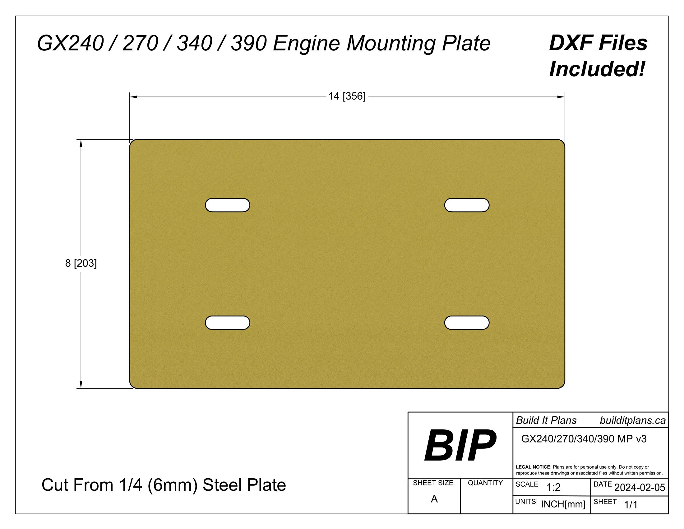 Honda GX240 GX270 GX340 GX390 Engine Mounting Plate DXF Cut Files
