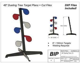 Könnte beinhalten: Ein 122 cm hoher Metall-Zielstand mit fünf Zielen. Die Ziele sind rot, weiß und blau. Der Stand hat einen dreibeinigen Sockel. Das Bild enthält den Text "48" Dueling Tree Target Plans + Cut Files", "DXF Files Included!" und "Build It Plans builditplans.ca 48" Dueling Tree v15".