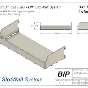 May include: A 3D rendering of a 12-inch by 5-inch metal bin cut file for a SlotWall system. The file is designed for a BIP SlotWall Organizer System and includes DXF files. The drawing shows the dimensions of the bin in inches and millimeters.
