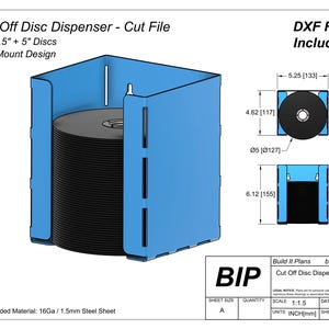 May include: A blue wall-mount disc dispenser cut file design, holding a stack of discs. The design fits 4.5" and 5" discs. Dimensions are provided in inches and millimeters. The text "DXF Files Included!" is visible.