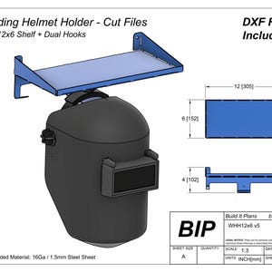 May include: A black welding helmet with a blue shelf and dual hooks. The shelf measures 12 inches by 6 inches. The image includes DXF files and text that reads "Welding Helmet Holder - Cut Files".