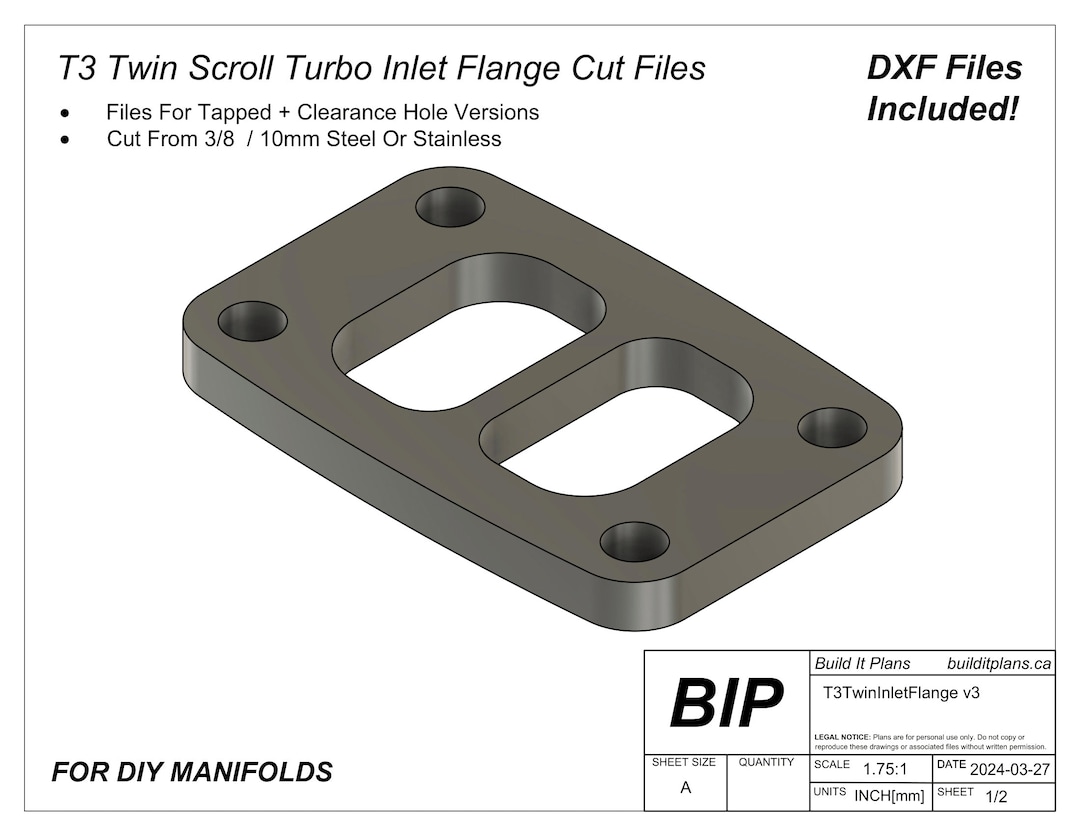 T3 Twin Scroll Turbo Manifold Flange DXF Cut Files T03 Divided