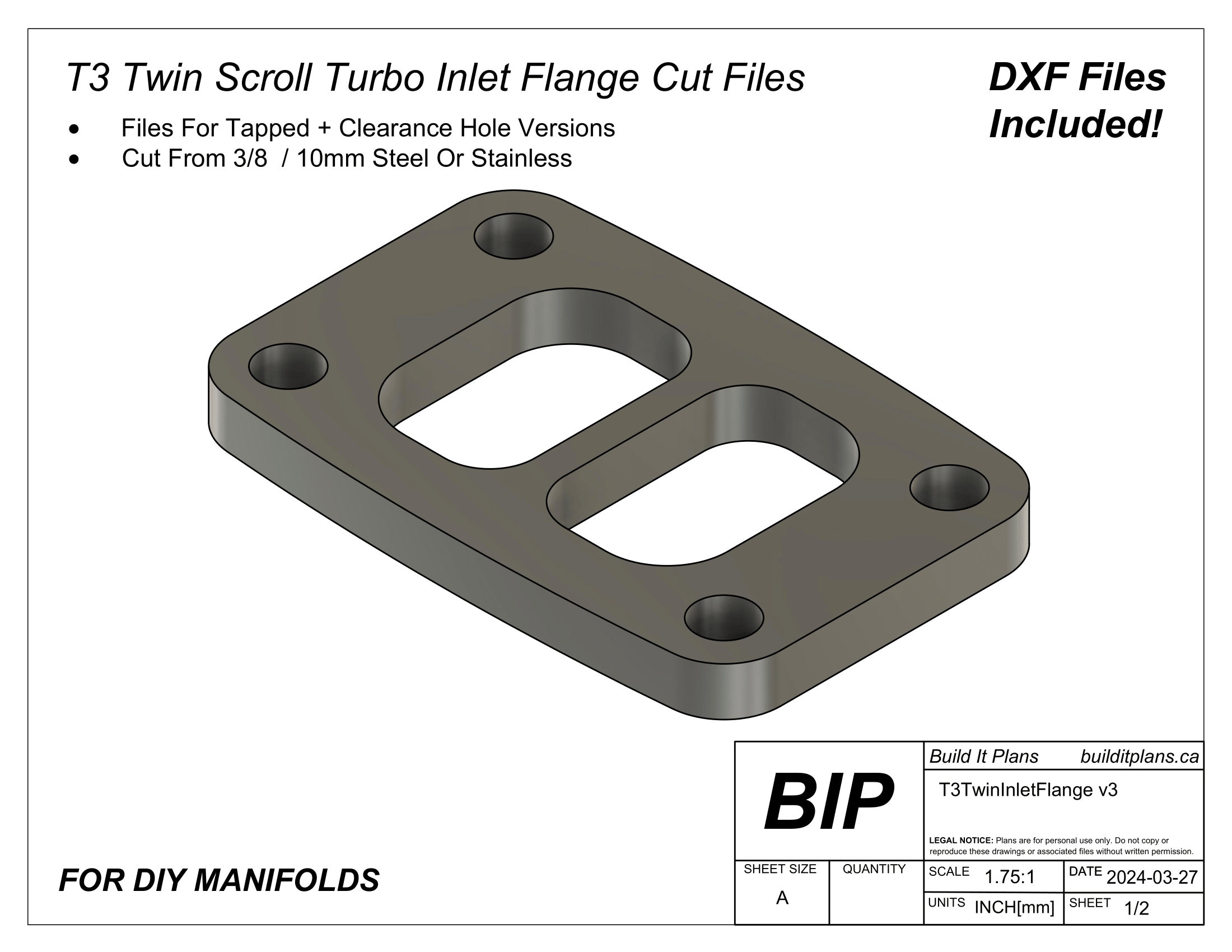 T3 ツインスクロールターボマニホールドフランジ DXF カットファイル 