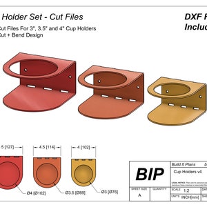 Puede incluir: Tres portavasos de metal en rojo, naranja y amarillo. Los portavasos tienen un diámetro de 7,6, 8,9 y 10,2 cm. La imagen incluye un título "Conjunto de portavasos - Archivos de corte" y una lista de características: "Archivos de corte para portavasos de 3", 3,5" y 4"", "Diseño de corte y doblado". La imagen también incluye el texto "¡Archivos DXF incluidos!" y un logotipo para "Build It Plans" con el texto "Portavasos v4".