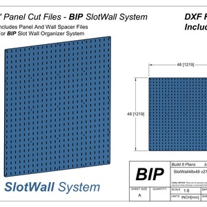 Può includere: Uno schema che mostra le dimensioni di un pannello a parete scanalato blu di 48 pollici per 48 pollici. Il testo "SlotWall System" è in basso sullo schema. Il testo "4'x4' Panel Cut Files - BIP SlotWall System" è in alto sullo schema. Il testo "DXF Files Included!" è in alto a destra sullo schema. Il testo "Build It Plans builditplans.ca SlotWall48x48 v27" è in basso a destra sullo schema. Il testo "SHEET SIZE QUANTITY A" è in basso a sinistra sullo schema. Il testo "LEGAL NOTICE: Plans are for personal use only. Do not copy or reproduce these drawings or associated files without written permission." è in basso a destra sullo schema. Il testo "SCALE 1:8 DATE 2024-04-30 UNITS INCH[mm] SHEET 1/2" è in basso a destra sullo schema.