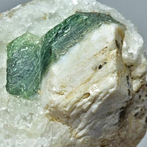 May include: A green crystal embedded in a white rock. The crystal has a sharp, angular shape and is surrounded by smaller white crystals.