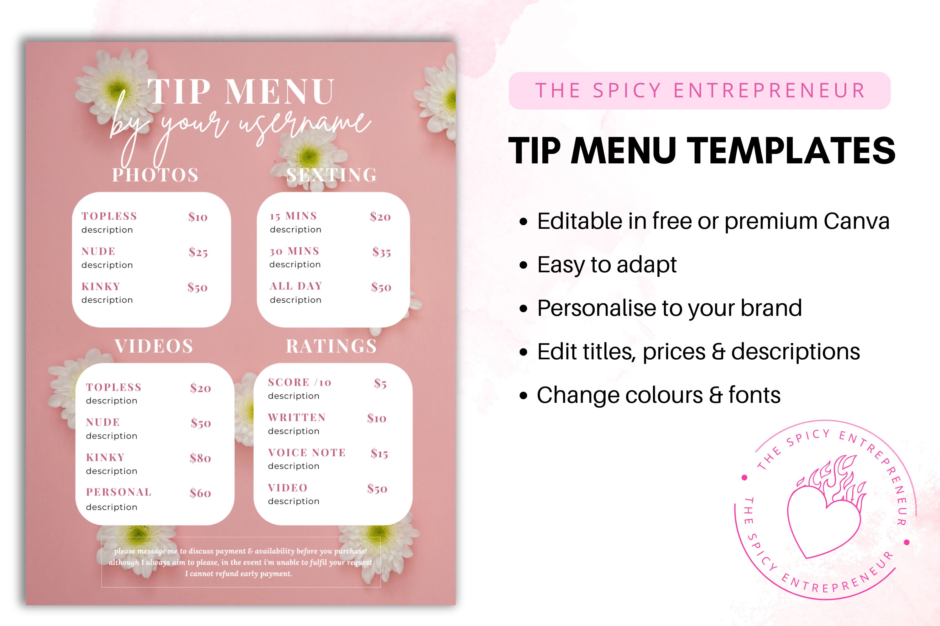 Onlyfans Tip Menu Bundle | 5 Editable Templates | Canva Template | Tip ...