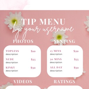 OnlyFans Tip Menu | Pink Daisy | Editable Template | Canva Template | Tip Menu Templates | Custom menu template | Fansly | Digital Download