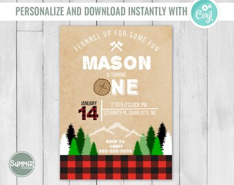May include: A rustic brown invitation with a lumberjack theme for a first birthday party. The invitation features a white axe, the name "MASON", and the text "is turning ONE". The invitation also includes a red and black plaid pattern, green trees, and a mountain range.